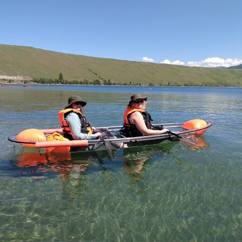 a group of people rowing a boat in a body of water