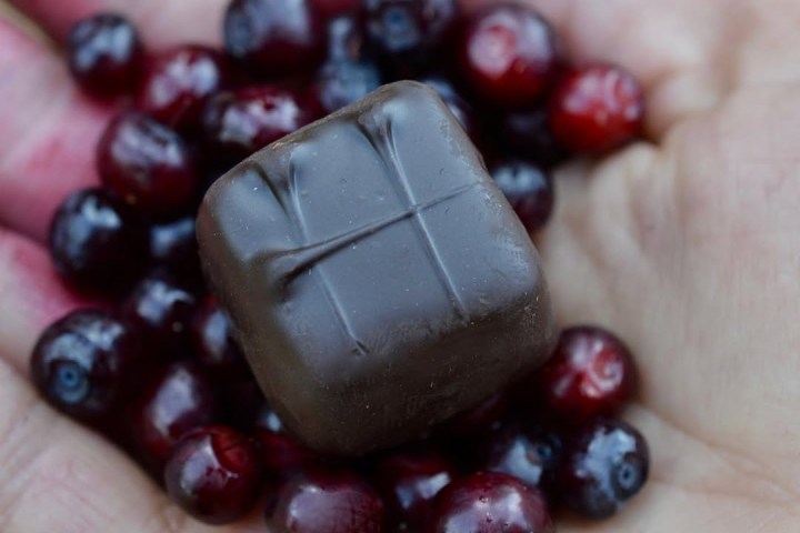 a hand holding huckleberries and chocolate